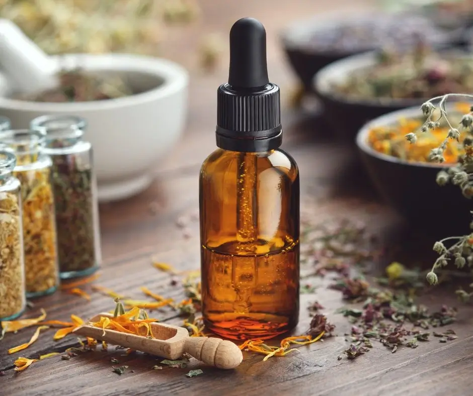 Bernsteinfarbene Flasche mit Pipette inmitten von Kräutern und Gewürzen – aromatische Essenzen für alkoholfreie Destillate.