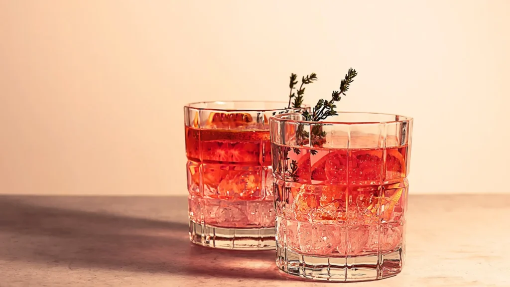 Zwei alkoholfreie Cocktails in Bernsteinfarbe mit Eis, Zitrusscheibe und Thymianzweig – ein elegantes Beispiel für „Kraft ohne Promille“
