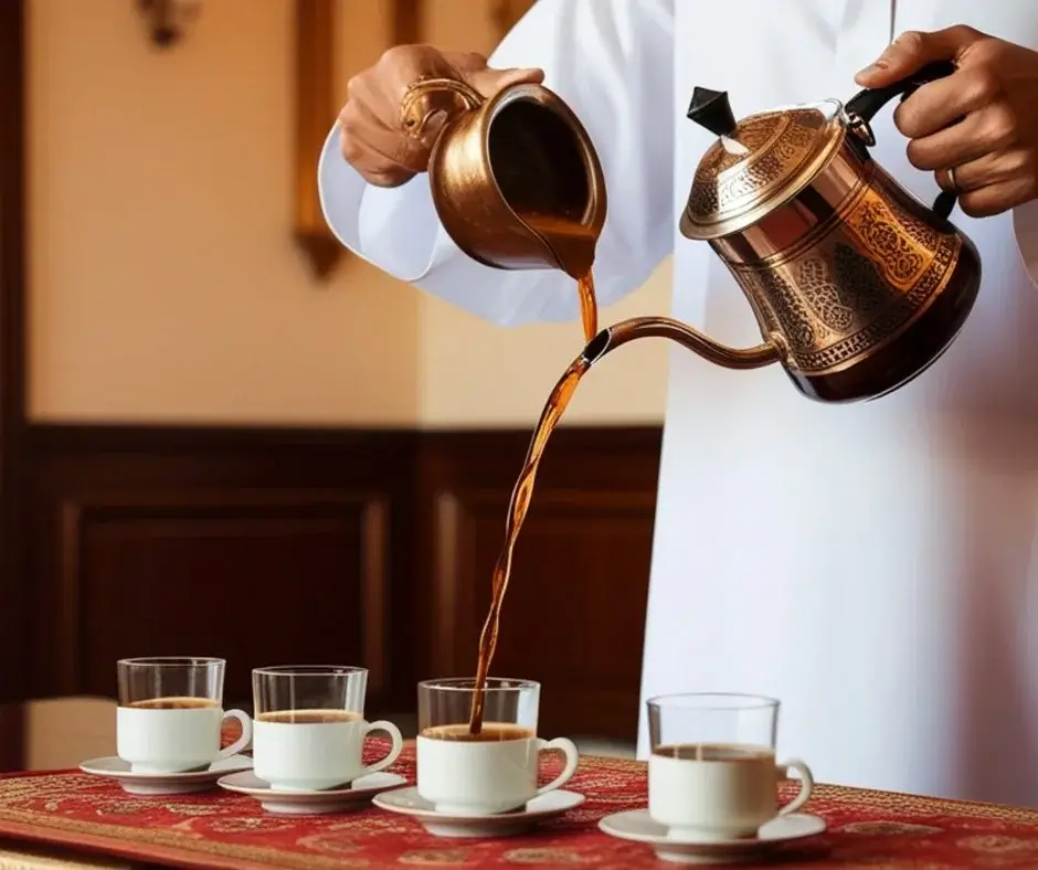 Tradycyjne nalewanie arabskiej kawy do filiżanek – rytuał gościnności i wspólnoty w kulturze Bliskiego Wschodu bez alkoholu.