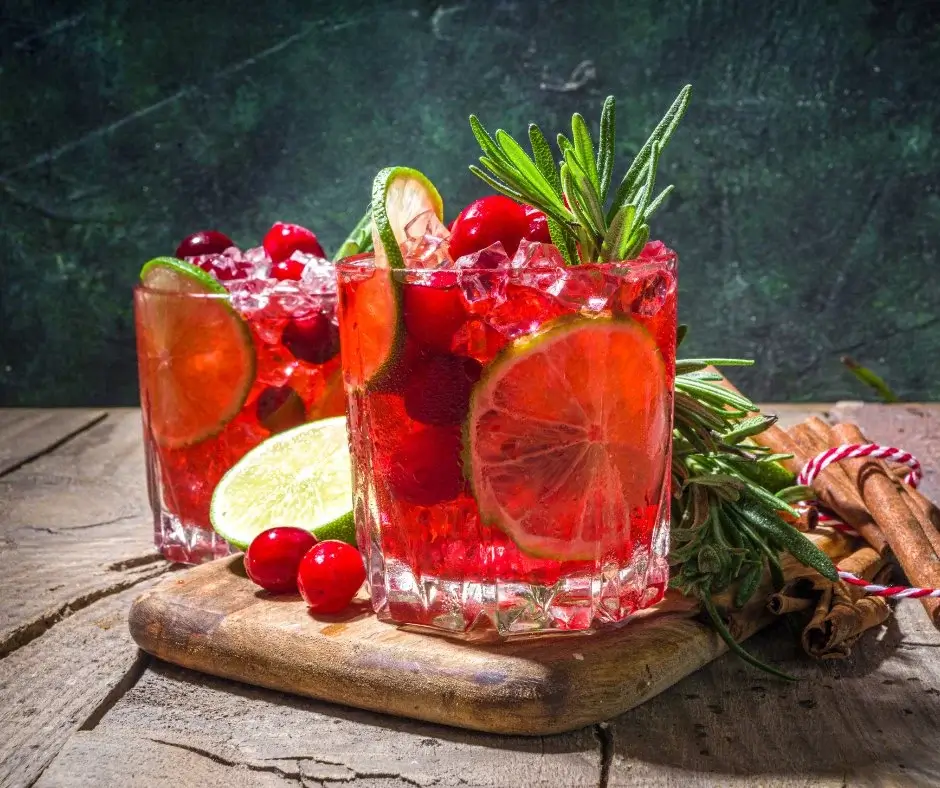 Alcohol-free cocktails with lime, cranberry and ice, made with a zero-proof vodka-style drink.
