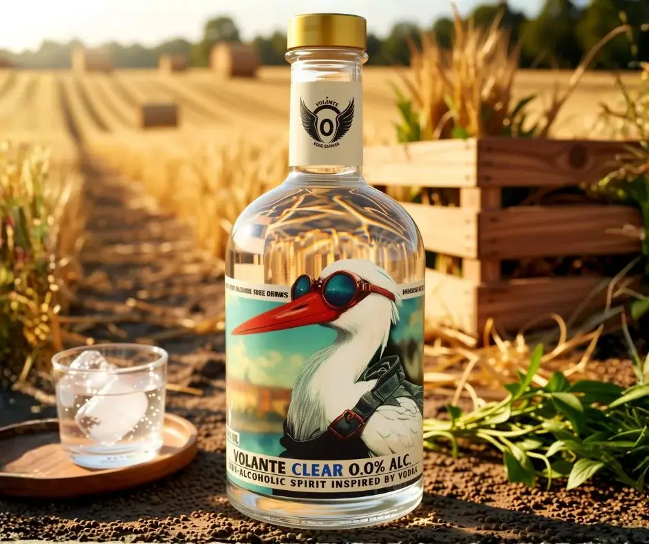A bottle of Volante Clear 0.0%, a vodka-inspired drink, placed in a summer field landscape with a glass of ice beside it.