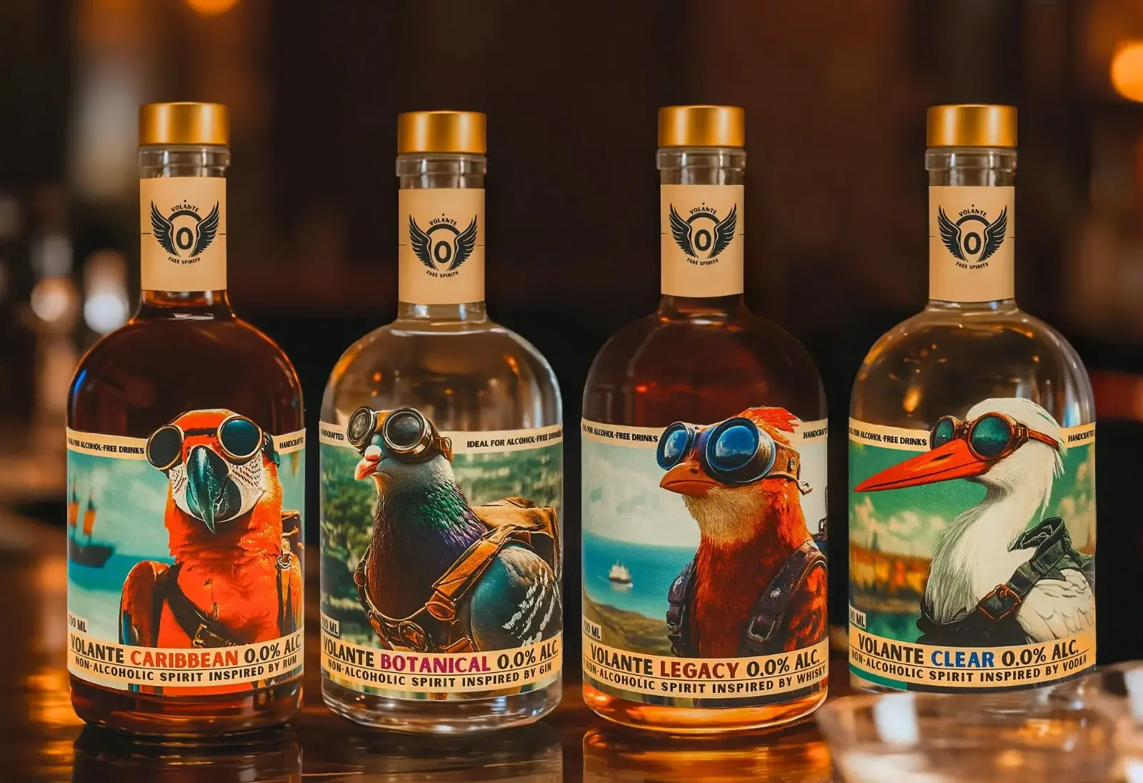 Four Volante 0.0% bottles displayed side by side on a bar: Volante Caribbean, Volante Botanical, Volante Legacy and Volante Clear, each featuring a bird wearing goggles on the label.