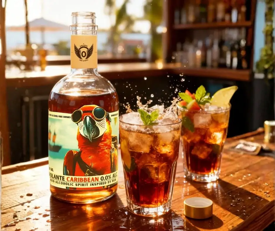 Flasche Volante Caribbean 0,0 % Molasses Blend und Zero-Proof-Cocktails auf Rum-Basis – melassebetonter Geschmack und karibischer Charakter ohne Alkohol