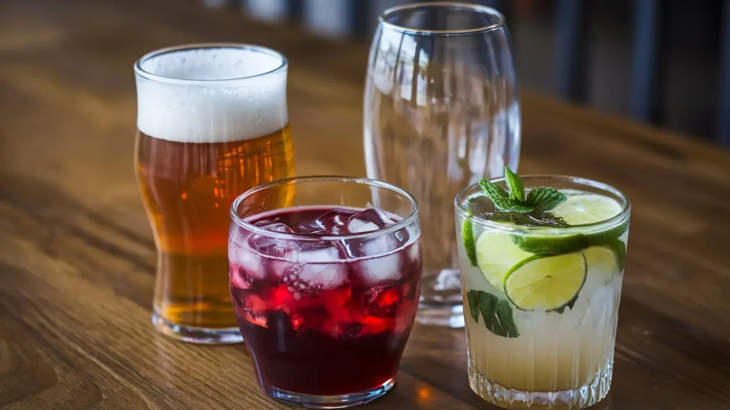 Drei Getränke auf einem Holztisch: Bier, roter Drink mit Eis und alkoholfreier Cocktail mit Limette und Minze – Vergleich von 0%, no alcohol und low alcohol.