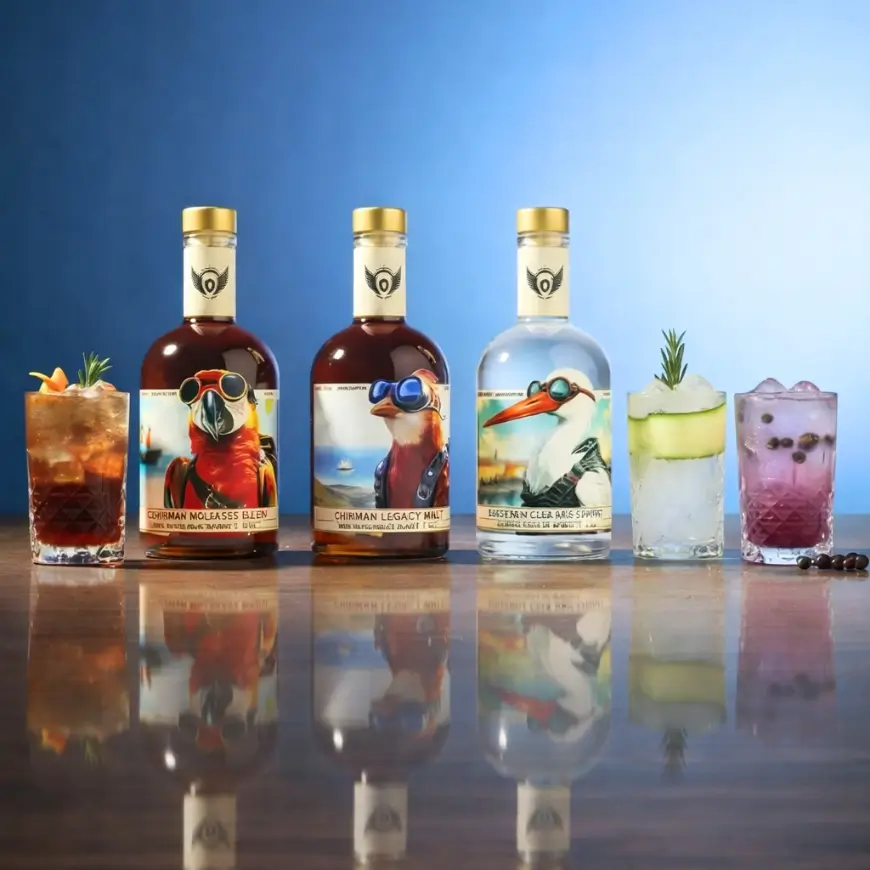 Butelki bezalkoholowych alkoholi Volante z etykietami ptaków oraz kolorowe koktajle na tle niebieskiego gradientu, ustawione na błyszczącej powierzchni z odbiciem.