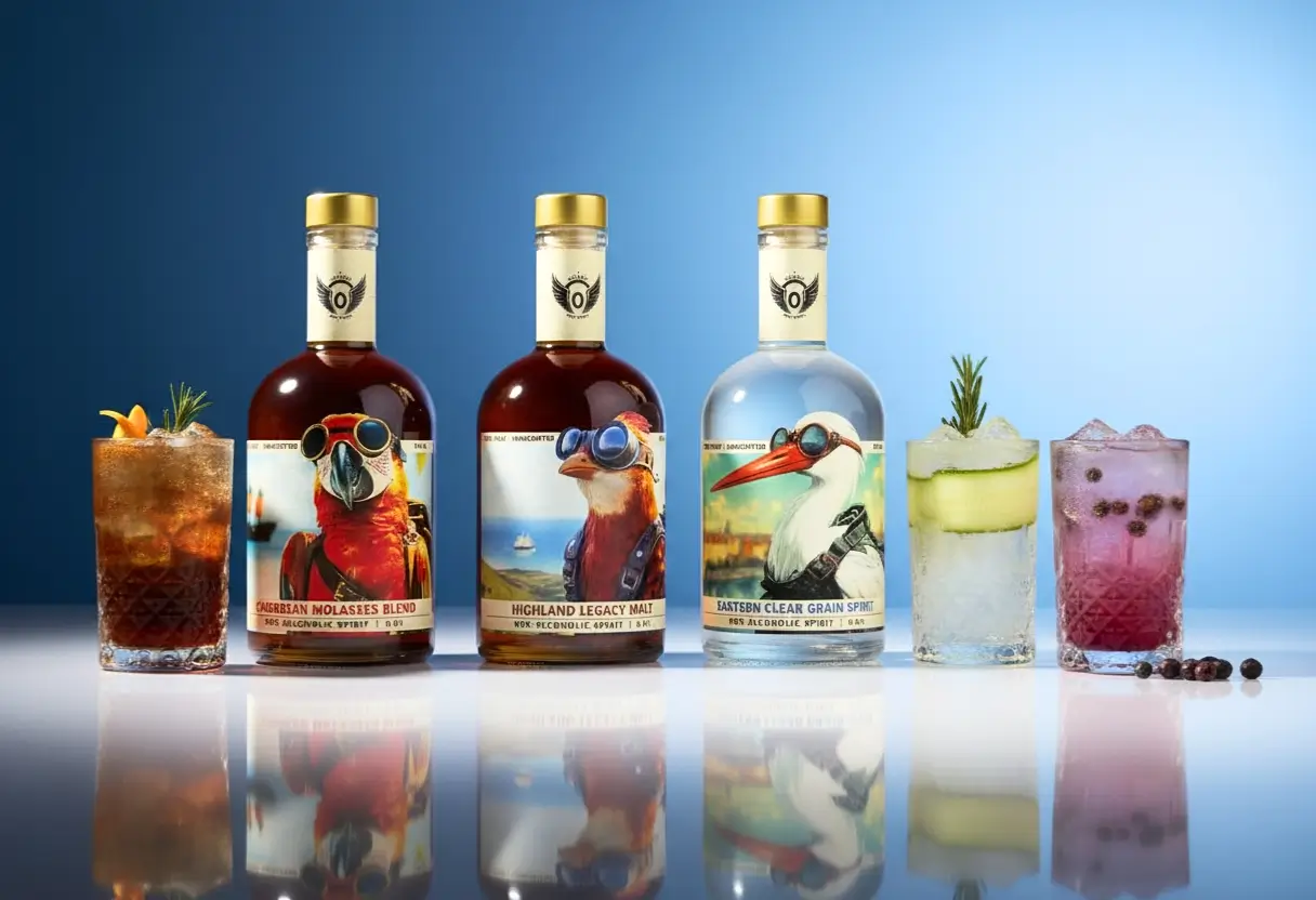 Non-alcoholic spirits shop – Volante Free Spirits featuring alcohol-free rum, whisky and vodka with colorful zero-proof cocktails
