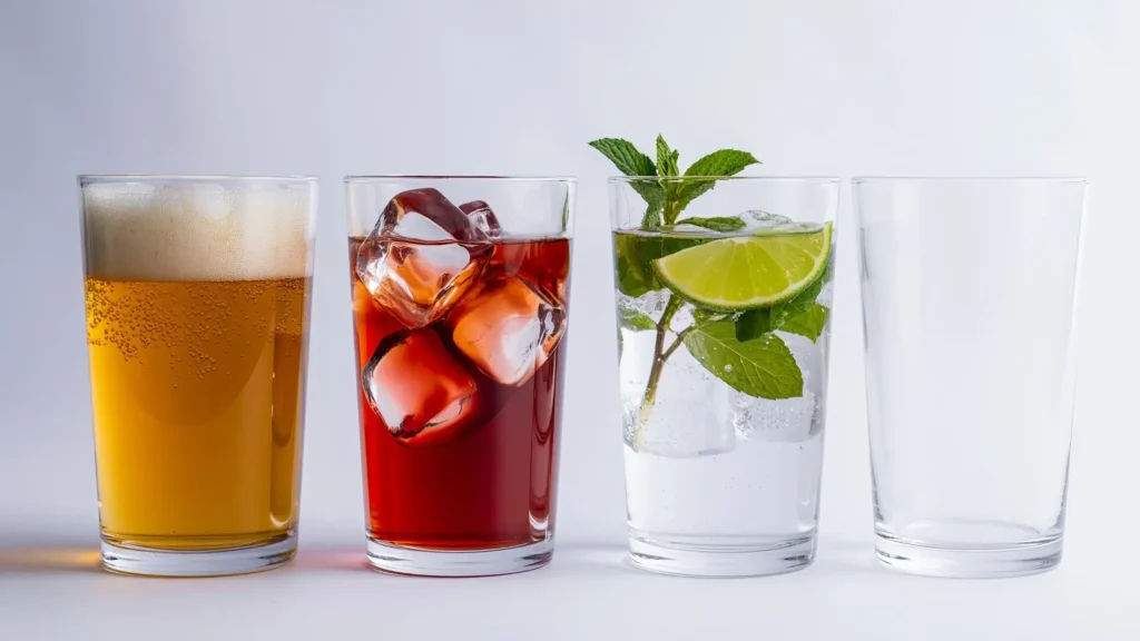 Different ways to serve alcohol-free spirits in glasses – clear drink with lime and mint, iced drink and rum- and whisky-style alcohol-free options